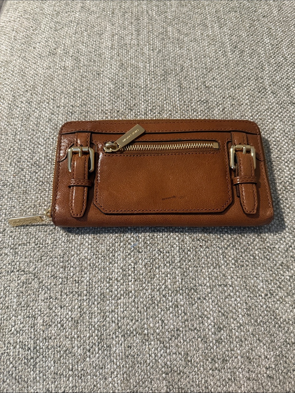 Michael Kors Cognac Leather Zip-Around Wallet with Buckle Accents